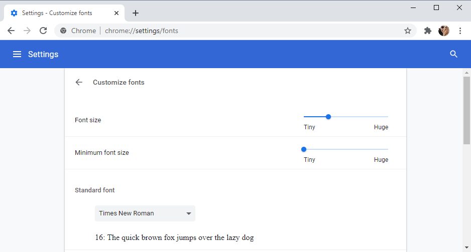 Chrome Settings Fonts