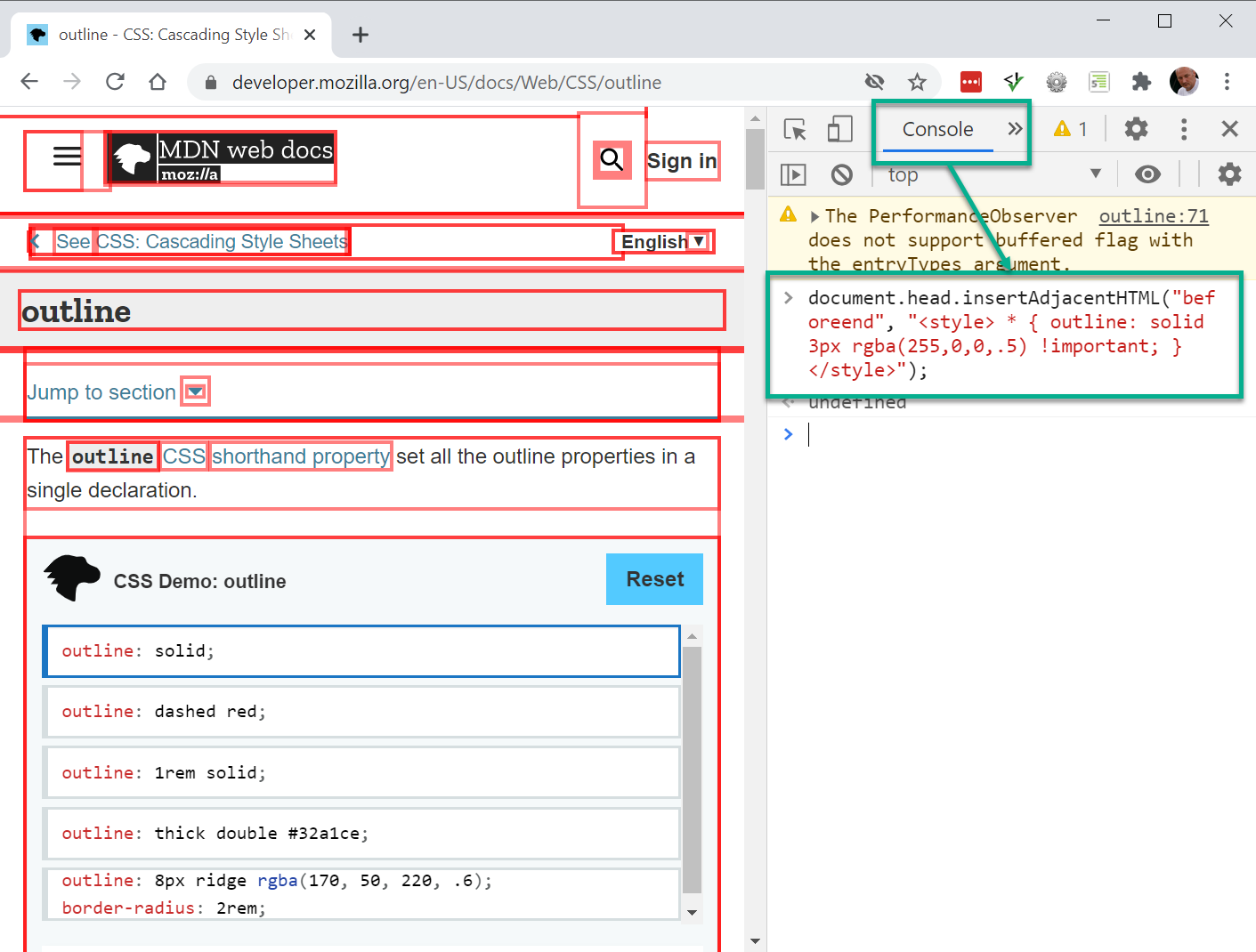 Debug with outline